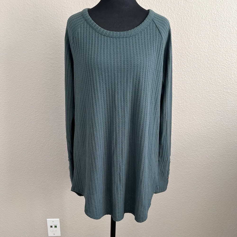 Chasor Womens Large Top Teal Waffle Knit Long Sleeve Button Cuff Cozy Minimalist